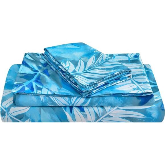 Blue Tropical Leaves Print Sheet Set Queen, 4 Piece Soft Pattern Microfiber - Picture 1 of 7